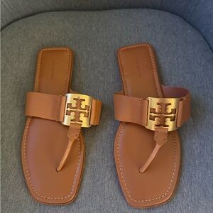 Tory Burch Tan Slides with Gold Emblem